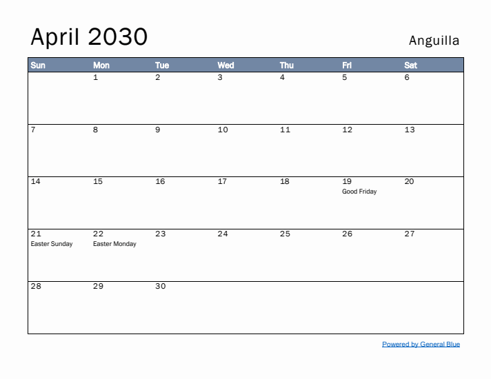 April 2030 Simple Monthly Calendar for Anguilla