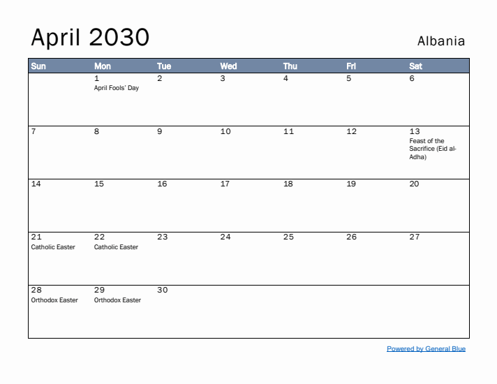 April 2030 Simple Monthly Calendar for Albania