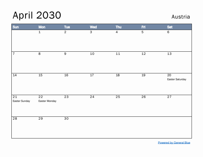 April 2030 Simple Monthly Calendar for Austria