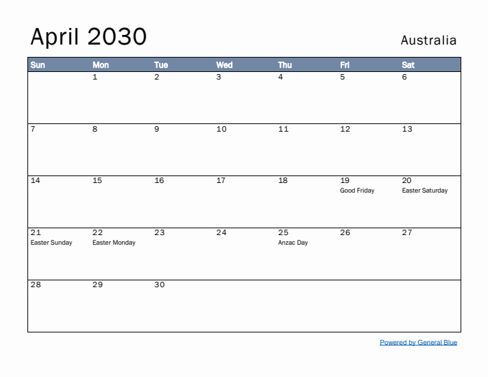 April 2030 Simple Monthly Calendar for Australia