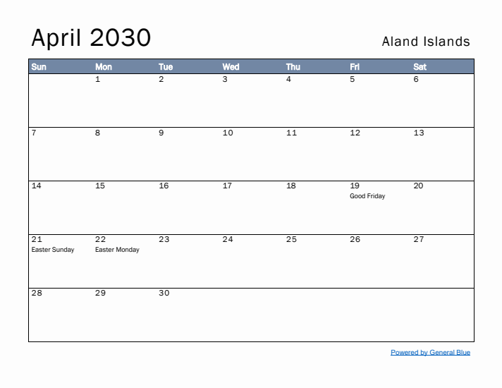 April 2030 Simple Monthly Calendar for Aland Islands