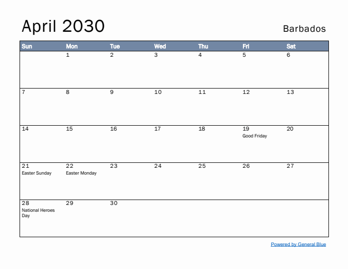 April 2030 Simple Monthly Calendar for Barbados