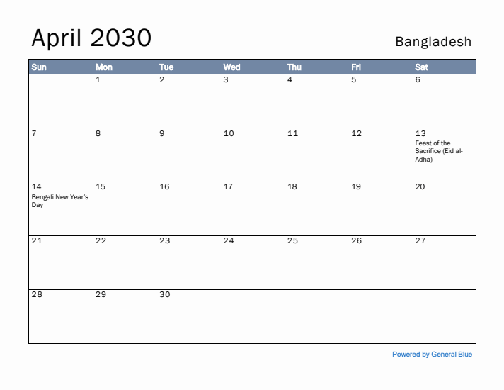 April 2030 Simple Monthly Calendar for Bangladesh