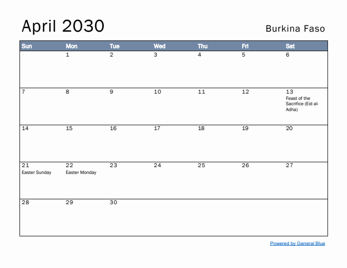 April 2030 Simple Monthly Calendar for Burkina Faso