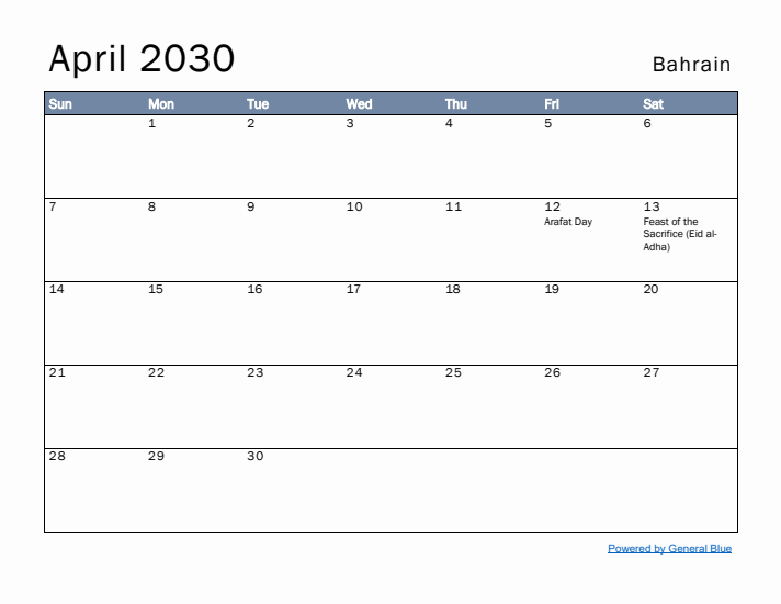 April 2030 Simple Monthly Calendar for Bahrain