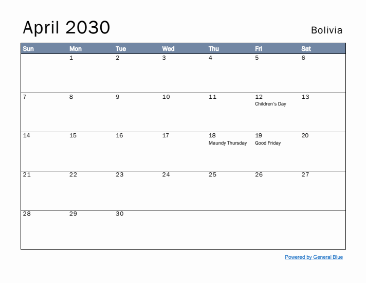 April 2030 Simple Monthly Calendar for Bolivia