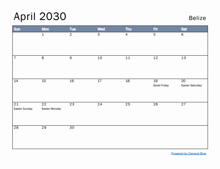 April 2030 Simple Monthly Calendar for Belize