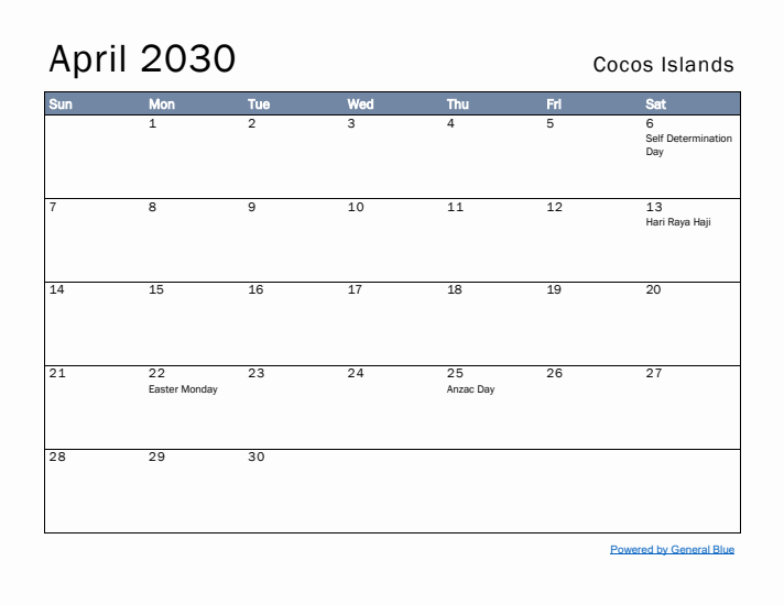 April 2030 Simple Monthly Calendar for Cocos Islands