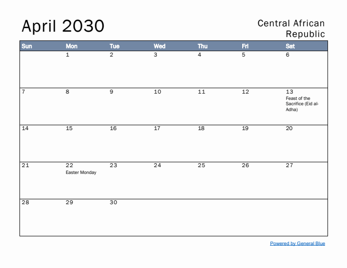 April 2030 Simple Monthly Calendar for Central African Republic