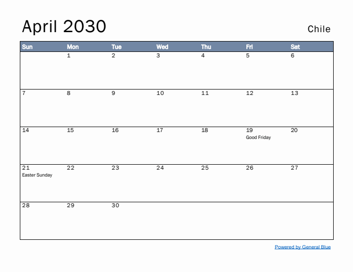 April 2030 Simple Monthly Calendar for Chile