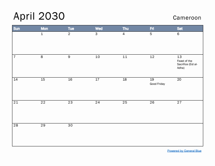 April 2030 Simple Monthly Calendar for Cameroon