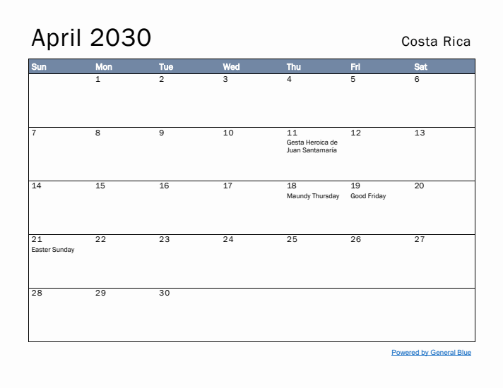 April 2030 Simple Monthly Calendar for Costa Rica