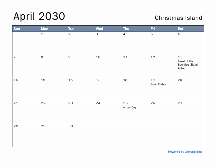 April 2030 Simple Monthly Calendar for Christmas Island