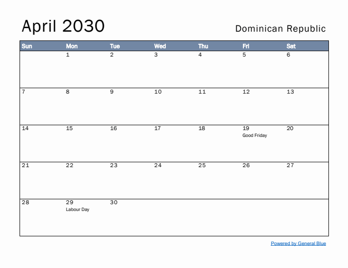 April 2030 Simple Monthly Calendar for Dominican Republic