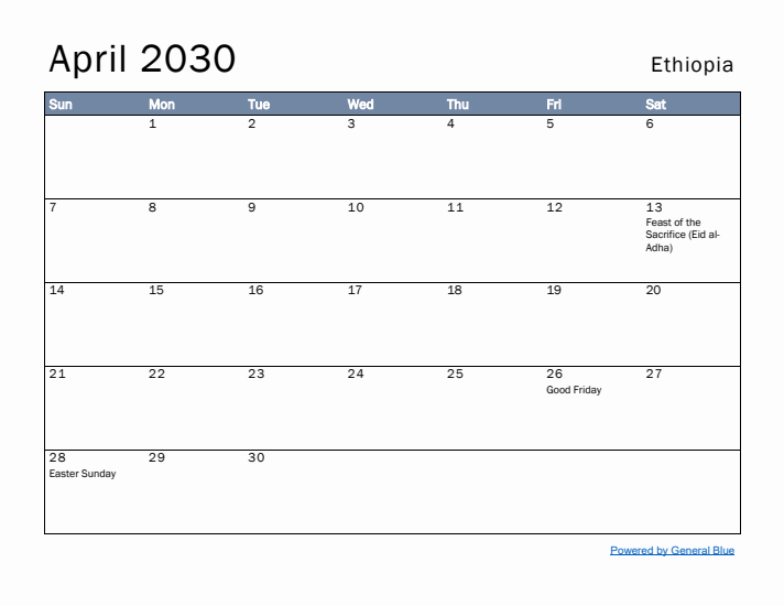 April 2030 Simple Monthly Calendar for Ethiopia