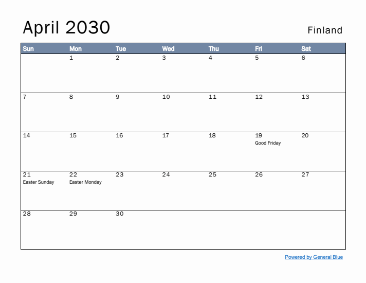 April 2030 Simple Monthly Calendar for Finland