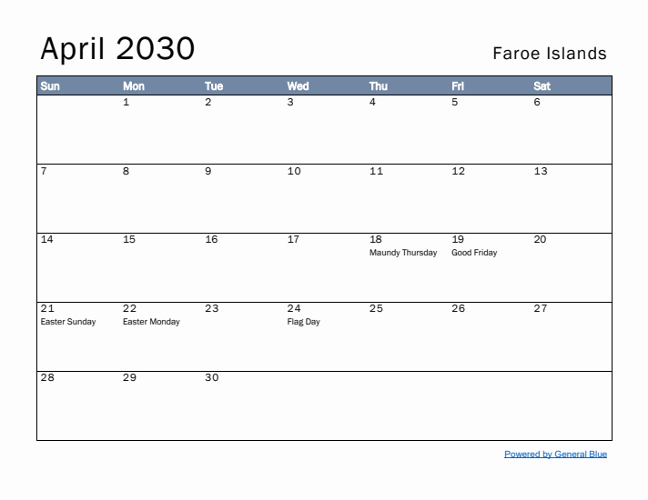 April 2030 Simple Monthly Calendar for Faroe Islands