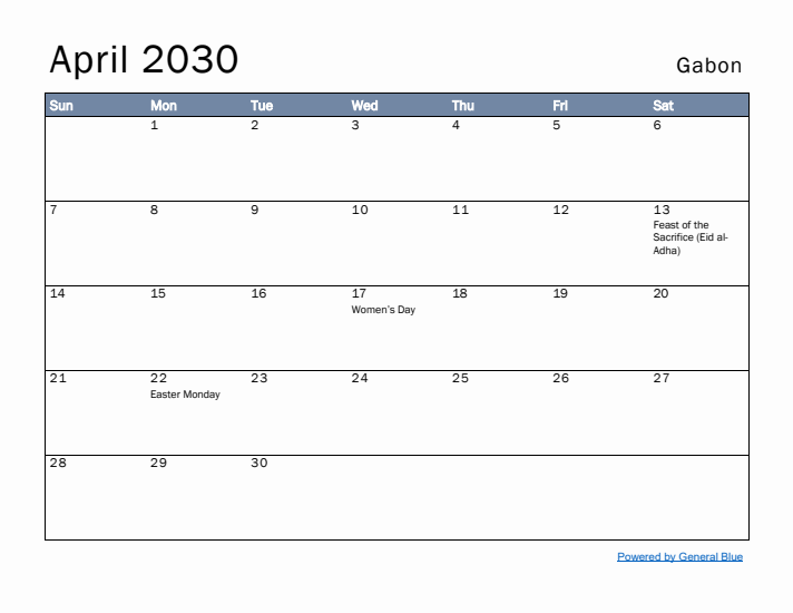 April 2030 Simple Monthly Calendar for Gabon