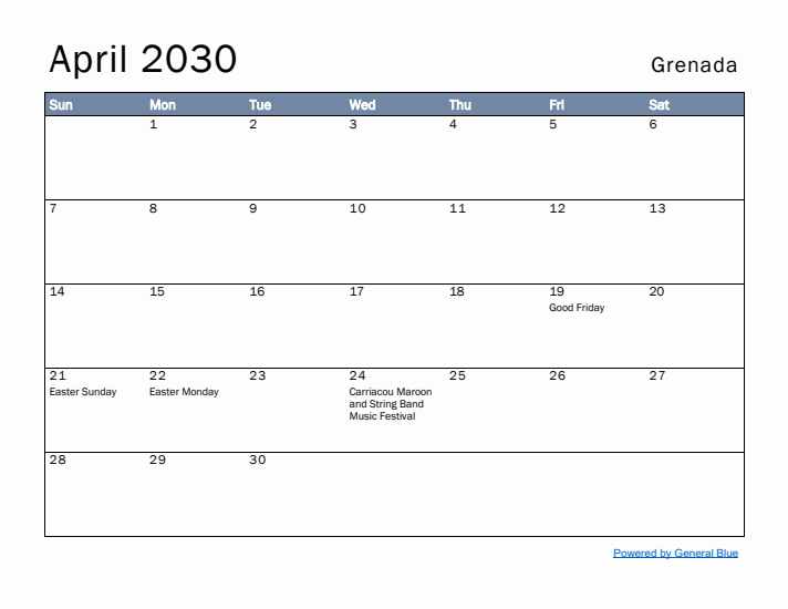 April 2030 Simple Monthly Calendar for Grenada