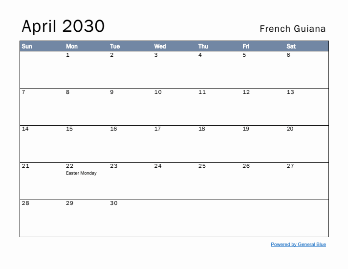 April 2030 Simple Monthly Calendar for French Guiana