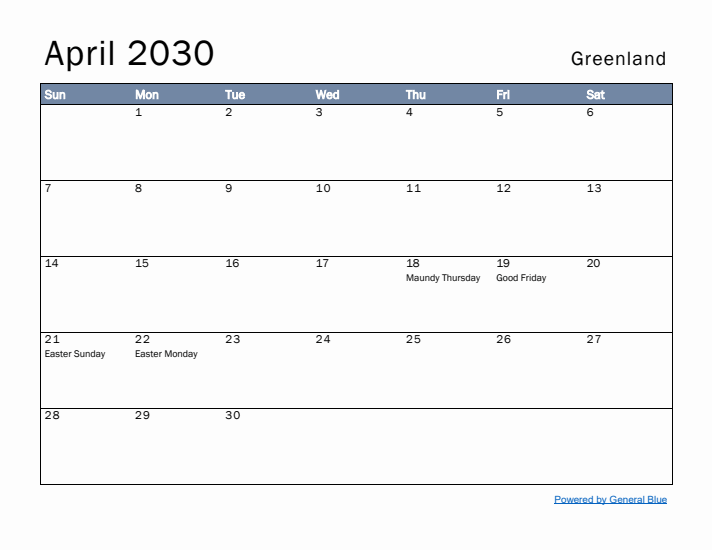 April 2030 Simple Monthly Calendar for Greenland