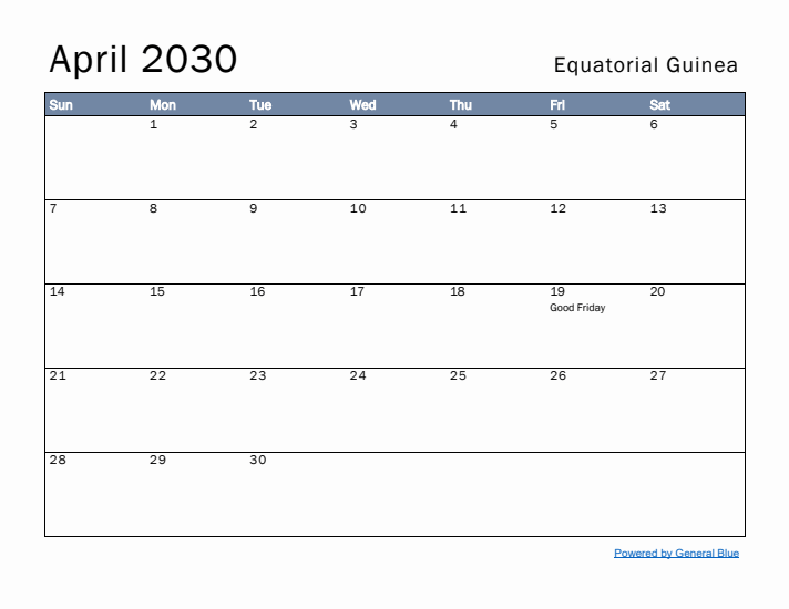 April 2030 Simple Monthly Calendar for Equatorial Guinea