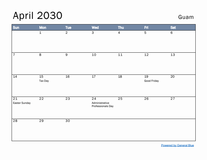 April 2030 Simple Monthly Calendar for Guam