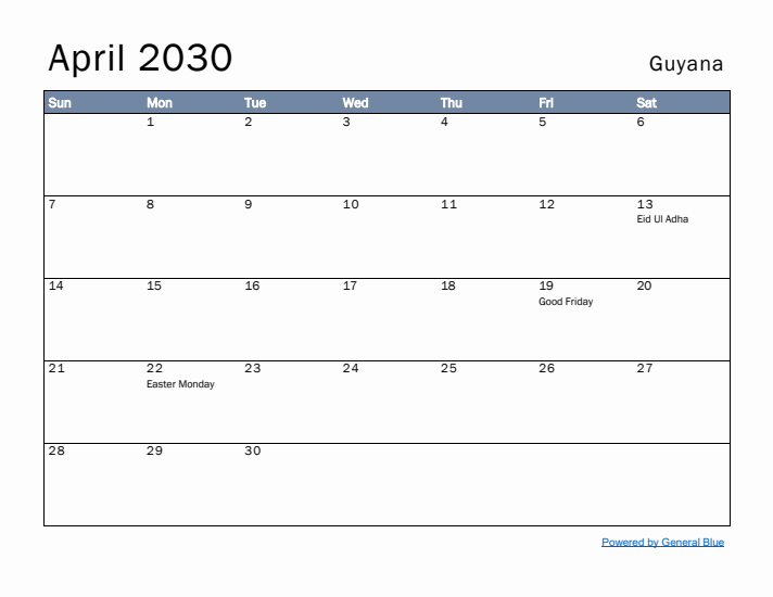 April 2030 Simple Monthly Calendar for Guyana