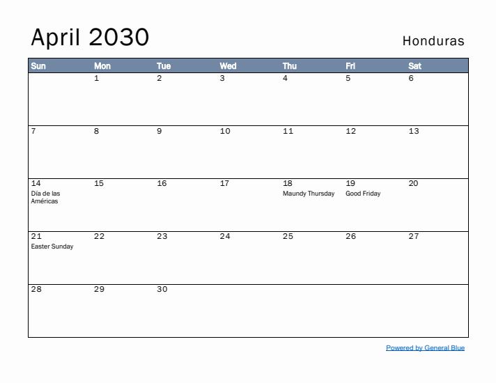 April 2030 Simple Monthly Calendar for Honduras