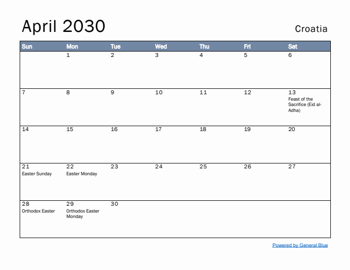 April 2030 Simple Monthly Calendar for Croatia