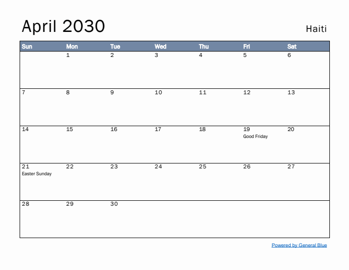 April 2030 Simple Monthly Calendar for Haiti