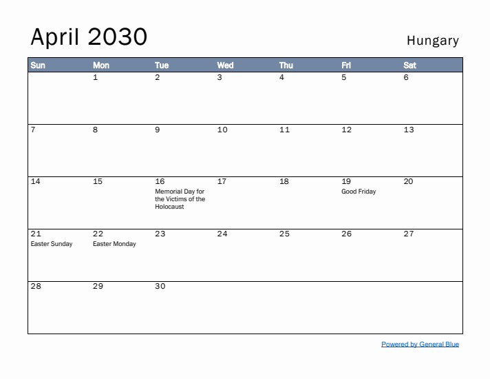 April 2030 Simple Monthly Calendar for Hungary