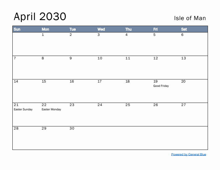 April 2030 Simple Monthly Calendar for Isle of Man