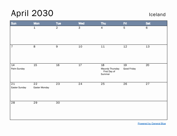 April 2030 Simple Monthly Calendar for Iceland