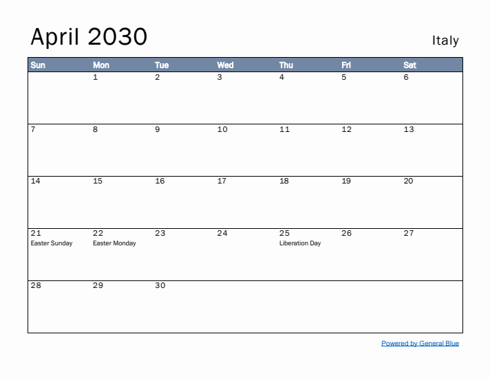 April 2030 Simple Monthly Calendar for Italy