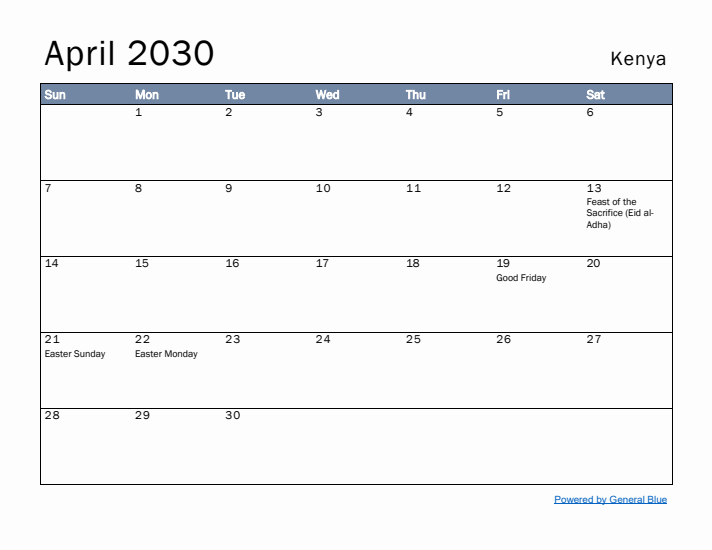 April 2030 Simple Monthly Calendar for Kenya