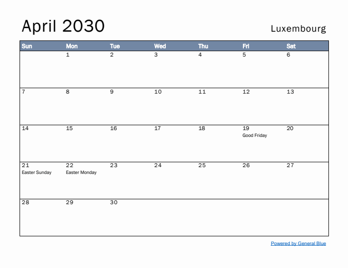 April 2030 Simple Monthly Calendar for Luxembourg