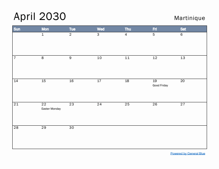 April 2030 Simple Monthly Calendar for Martinique