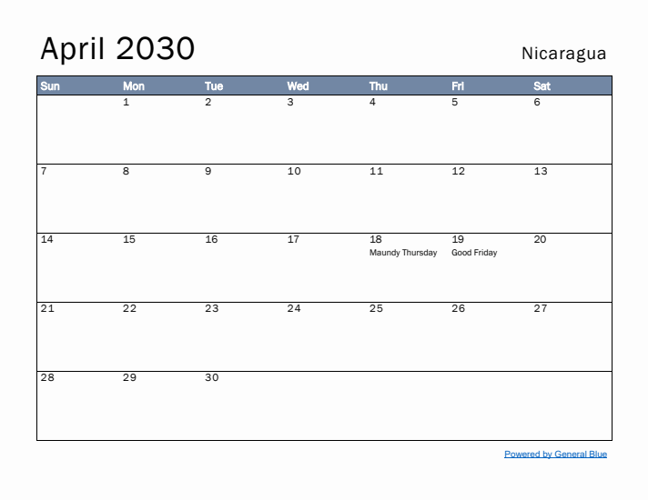 April 2030 Simple Monthly Calendar for Nicaragua