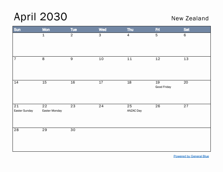 April 2030 Simple Monthly Calendar for New Zealand