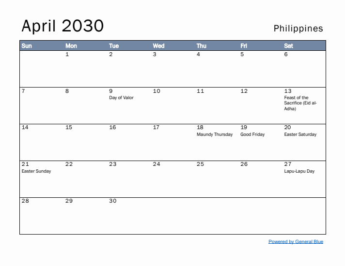 April 2030 Simple Monthly Calendar for Philippines