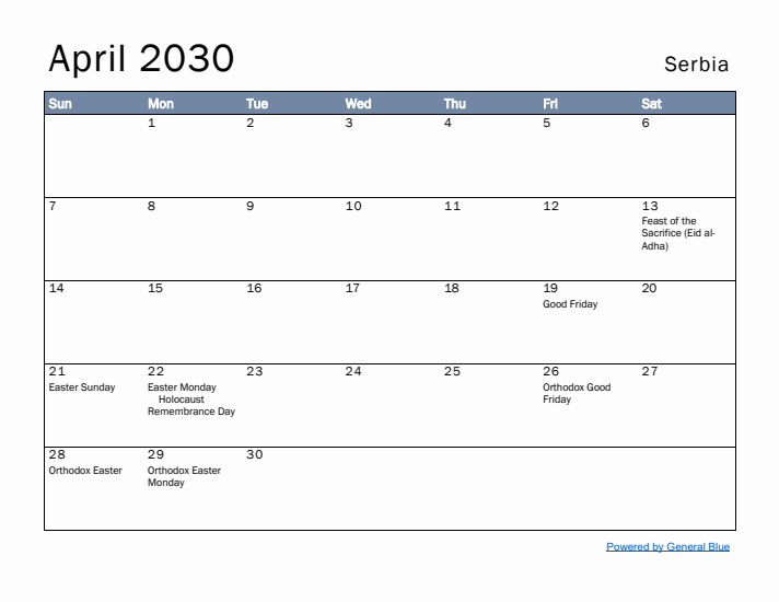 April 2030 Simple Monthly Calendar for Serbia