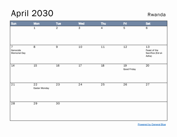 April 2030 Simple Monthly Calendar for Rwanda