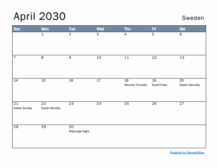 April 2030 Simple Monthly Calendar for Sweden