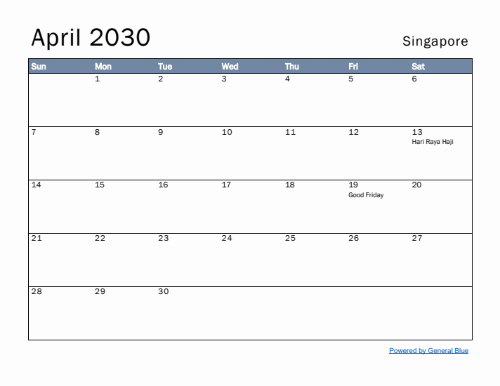 April 2030 Simple Monthly Calendar for Singapore