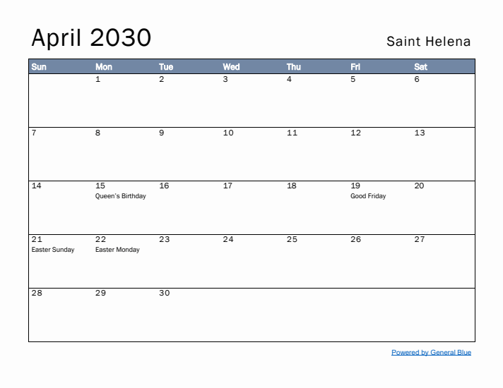 April 2030 Simple Monthly Calendar for Saint Helena