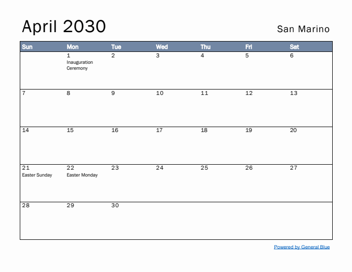 April 2030 Simple Monthly Calendar for San Marino