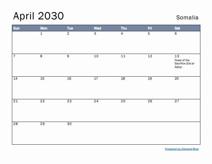 April 2030 Simple Monthly Calendar for Somalia