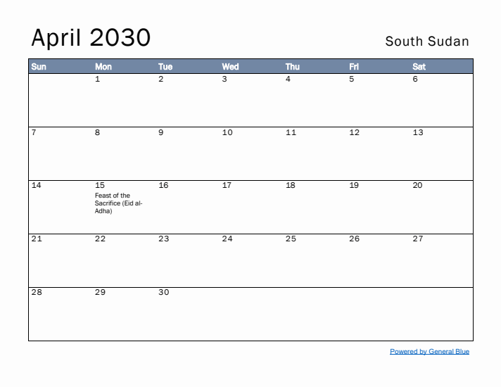 April 2030 Simple Monthly Calendar for South Sudan