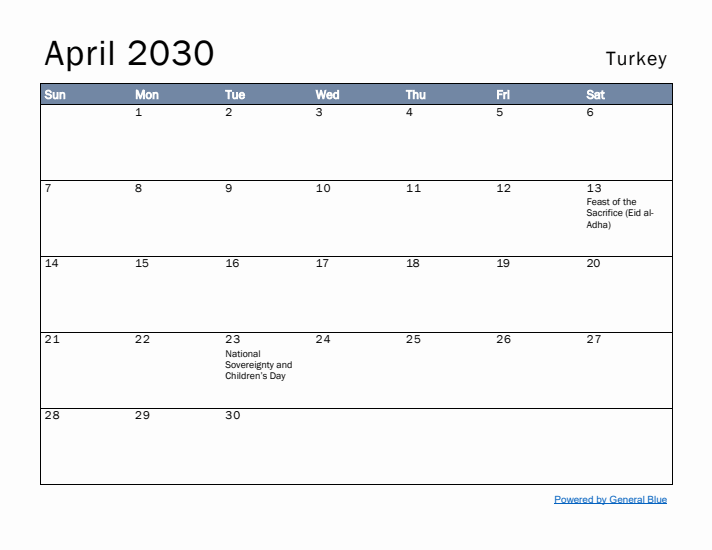 April 2030 Simple Monthly Calendar for Turkey